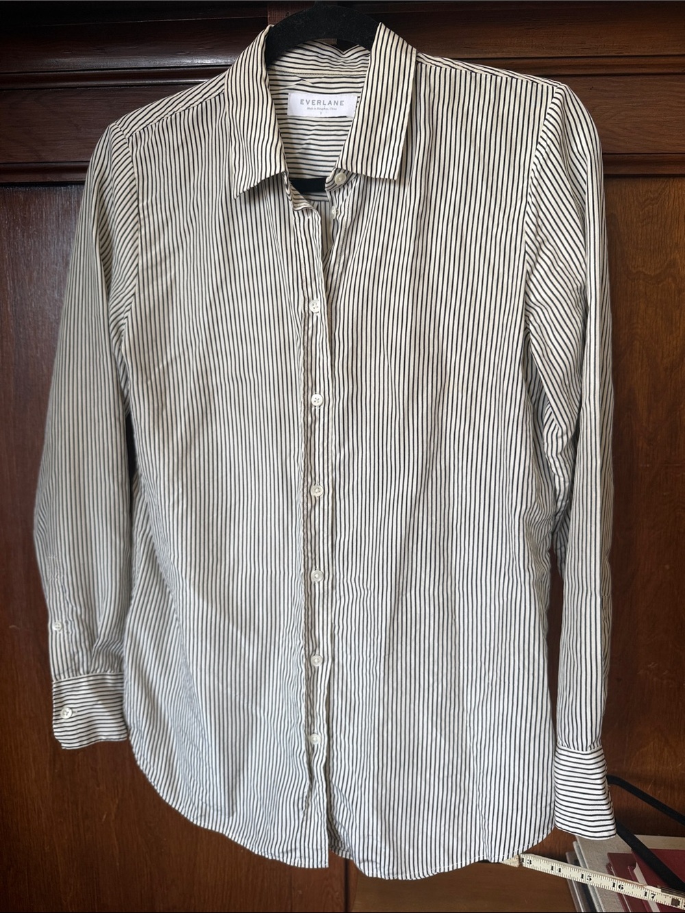 Everlane Black and White Vertical Stripe Dress Shirt Blouse Silk